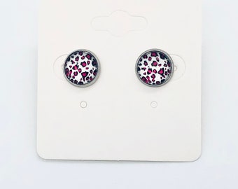 Roze, zwart en wit 10mm Cabochon Cheetah Print Stainless Steel Post Oorbellen