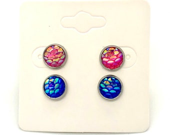 8mm Hot Pink and Blue Iridescent Scale Stainless Steel Earring Set, Boucles d’oreilles pour femmes, Boucles d’oreilles pour filles, Boucles d’oreilles Stud