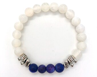 Dark Purple and White Cracked Agate Stone Elephant Bracelet, Bracelet for Women, Stone Bracelet, Stretch Bracelet, Beaded Bracelet