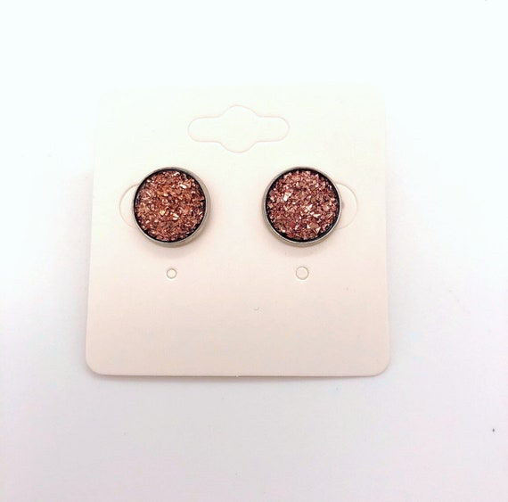 Stainless Steel Gold Faux Druzy Stud Earrings Rose Pink Mix 12mm 