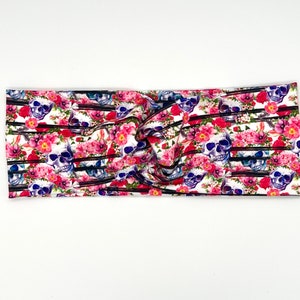 Pink Skulls Twist Stretch Headband; Stretch Headband; Twist Headband; Halloween Headband