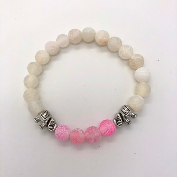 Light Pink and White Cracked Agate Stone Elephant Bracelet, Bracelet for Women, Stone Bracelet, Stretch Bracelet, Beaded Bracelet