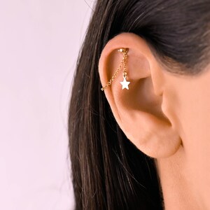 Hidden Star Helix, Helix Earring, Helix Piercing Gold, Cartilage Earring, Helix Earring Chain, Helix Earring with Charm, Helix Jewelry