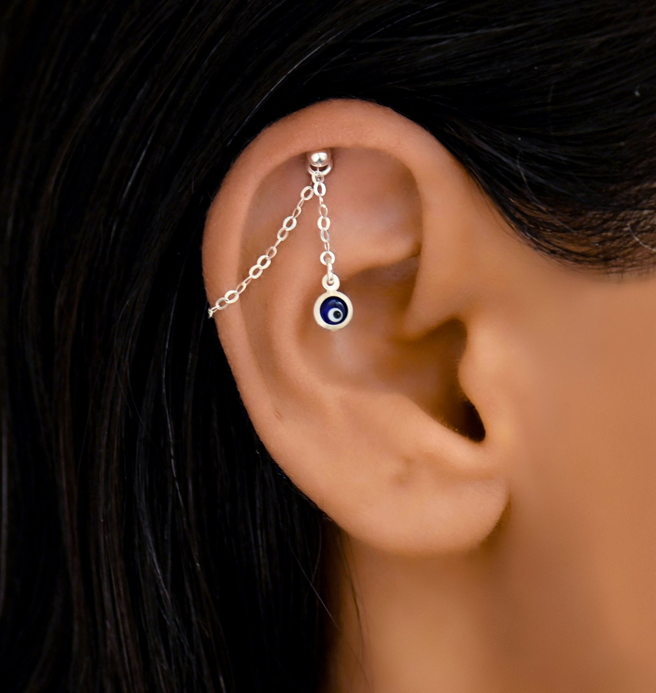 Hidden Star Helix Piercing, Helix Chain, Silver Helix Earring Chain ...
