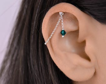 Sterling Silver Helix Piercing Chain: Dangle Crystal Ear Charm