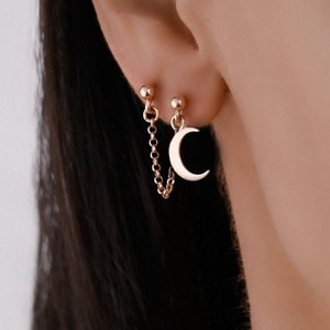 Double Stud Chain Earrings, Double Piercing Chain Earrings, Rose Gold Chain Earrings, Rose Gold Moon Chain Earrings