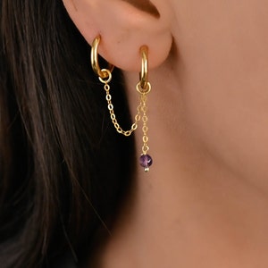 Dainty Double Hoop Charm Piercing Chain Earrings Dangle, Earring Chain Add On, Connected Hoop, Double Lobe, Cartilage to Lobe