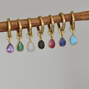Single Gemstone Charm Hoops, Huggie Hoop Earrings with Charm, Small Huggie Charm Teardrop Earrings