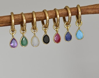 Single Gemstone Charm Hoops, Huggie Hoop Earrings with Charm, Small Huggie Charm Teardrop Earrings