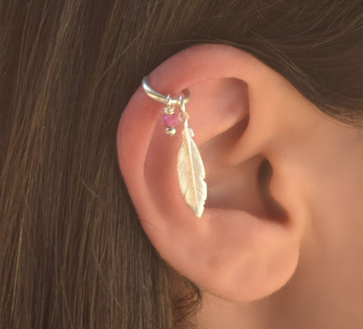 Feather Helix Hoop With Charm Helix Piercing Silver Hoop - Etsy