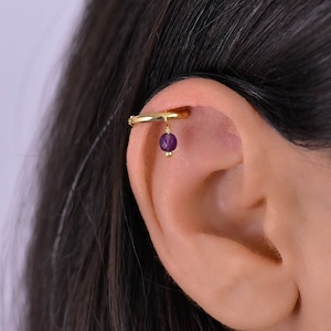 Amethyst Helix Hoop, Helix Earring, Gold Helix Piercing Hoop, Helix Hoop with Bead, Cartilage Hoop Earring,