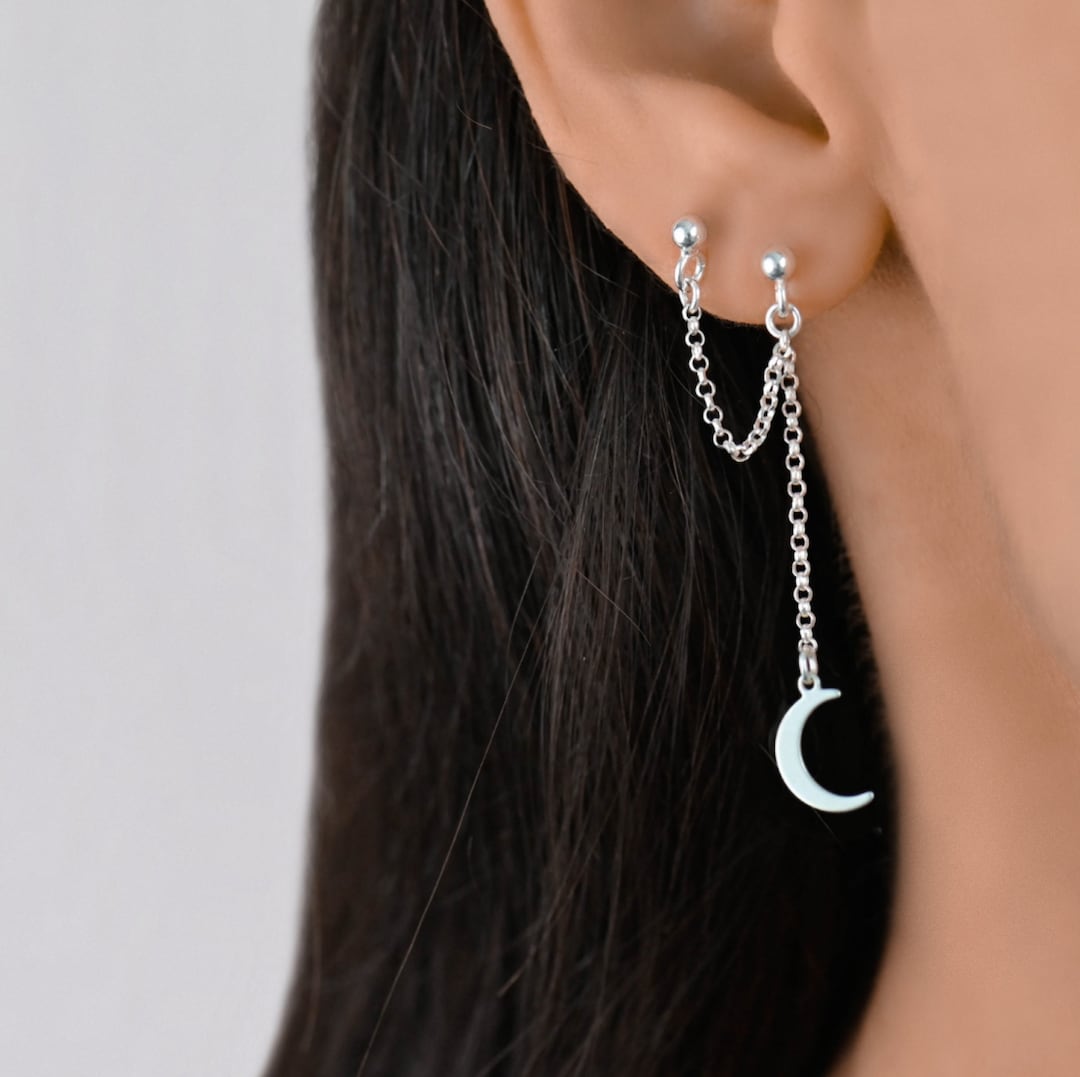 2 Hole Connected Earrings, Double Piercing, Double Piercing Moon ...