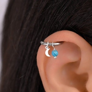 Silver Moon Helix Hoop Earring, Helix Earring, Helix Piercing, Helix Hoop Earring, Helix Turquoise, Cartilage Hoop Earring, Helix Jewelry