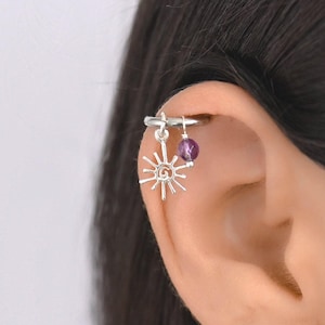 Cute Helix Silver Sun Hoop Earring, Helix Earring, Helix Piercing, Helix Hoop Earring, Helix Amethyst, Cartilage Hoop Earring, Helix Jewelry