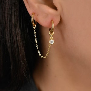 Double Hoop Chain Earring Set, Double Piercing Earring, Gold Chain Double Piercing, Connected Chain Earring