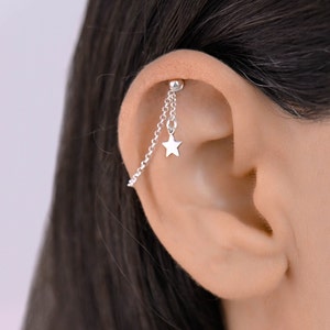 Vertical Silver Helix Chain Piercing Star, Silver Earring Chain, Helix Piercing Chain, Drop Chain Earring Charm, Vertical Helix Jewelry