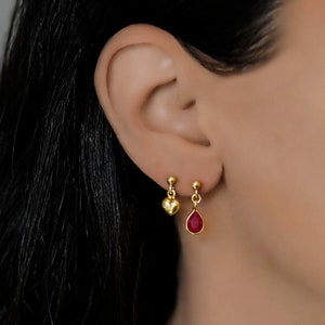 Mismatched Earring Set Dangle, Mix Match Earrings Set, Stud Dangle Drop Earrings, Heart Ruby Charm Drop Earrings, Everyday Ear Stack Set