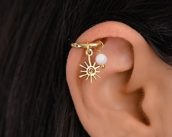 Helix Gold Sun Hoop Earring, Helix Earring, Helix Piercing Gold, Helix Hoop Earring Gold, Helix Moonstone, Cartilage Hoop Earring