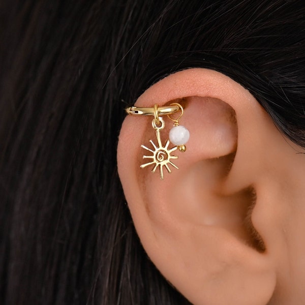 Helix Gold Sun Hoop Earring, Helix Earring, Helix Piercing Gold, Helix Hoop Earring Gold, Helix Moonstone, Cartilage Hoop Earring