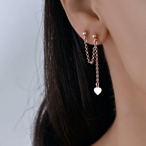 Double Piercing Heart Chain Earrings Connected, Double Piercing Earring, Double Dangly Stud, Double Lobe Chain Earring Rose Gold