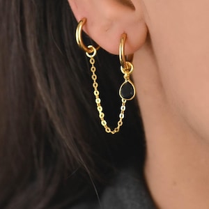 Double Piercing Chain Charm Hoop Earring, Chain Earrings, Two Hole Earrings, Onyx Chain Earrings, Chain Hoop Earrings, Double Piercing Set