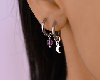 Small Dangle Hoop Moon Charm, Hoop Earrings with Charm Set, Huggei Earrings Set, Hoop Dangle Charm