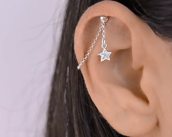 Hidden Silver Helix, Helix, Helix Chain, Helix Star Piercing Chain, Cartilage Chain, Cartilage Jewelry, Hidden Helix Jewelry