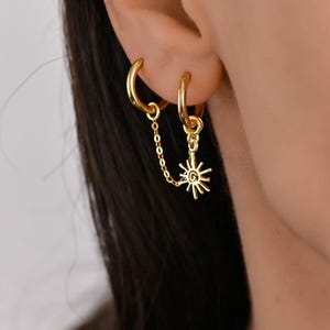 Gold Ear Cuff Chain Earrings, Dangle Chain Earrings, Double Lobe Piercing Chain Earrings, Double Sun Hoop Gold Chain Earrings
