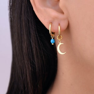 Small Hoop Earrings with Charm Set, Hoop Earrings with Charm, Small Hoop Earrings Gold, Moon Hoop Earrings, Dangle Hoop Earrings