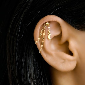 Catena pendente elica nascosta, catena elica, piercing a catena, catena orecchino elica oro, catena cartilagine, piercing elica nascosta luna, catena orecchio