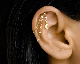 Dangle Chain Hidden Helix, Helix Chain, Chain Piercing, Helix Earring Chain Gold, Cartilage Chain, Hidden Helix Piercing Moon, Ear Chain