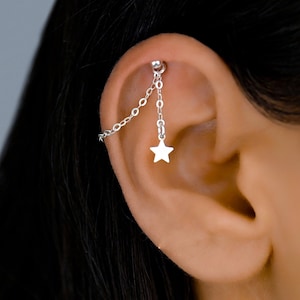 Hidden Helix Chain Silver Star, Helix Chain, Charm Helix Dangle, Chain Ear Jacket, Vertical Helix, Hidden Helix Jewelry