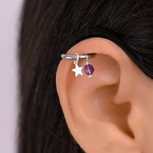 Silver Star Helix Hoop Earring, Helix Earring, Helix Piercing, Helix Hoop Earring, Helix Amethyst, Cartilage Hoop Earring, Helix Jewelry
