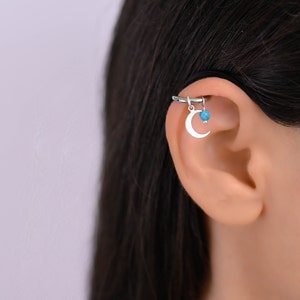 Helix Silver Moon Hoop Earring, Helix Earring, Helix Piercing, Helix Hoop Earring, Helix Turquoise, Cartilage Hoop Earring