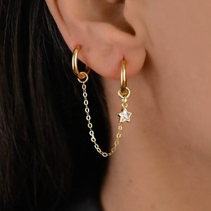 Double Hoop Star Chain Earring Set, Double Piercing Earring, Gold Chain Double Piercing, Connected Chain Earring