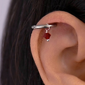 Helix Hoop with Red Crystal Bead Charm, Helix Dangle Hoop Earring, Helix Hoop Earring, Helix Piercing Hoop, Cartilage Hoop Earring