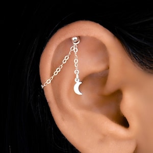 Hanging Floating Moon Helix Chain, Helix Piercing Silver Helix Piercing Chain, Vertical Helix, Floating Helix, Floating Helix Jewelry