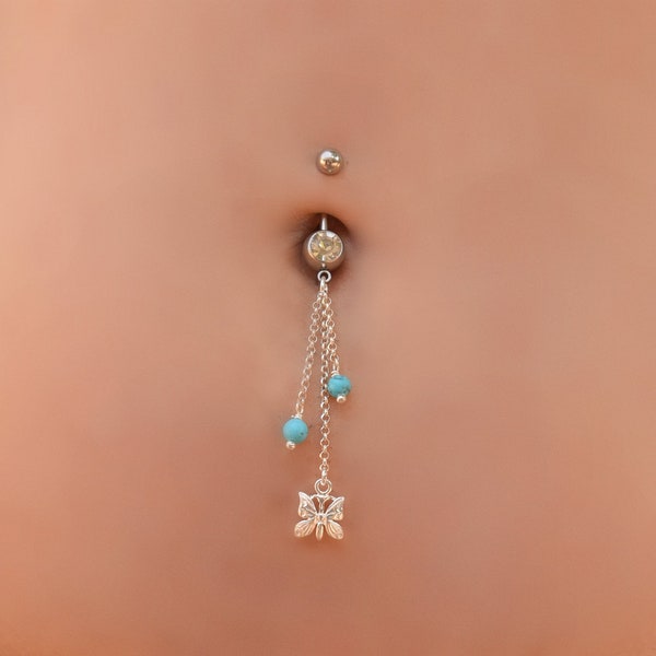 Belly Piercing Butterfly, Belly Button Rings Dangle, Belly Button Ring, Navel Ring, Belly Ring, Turquoise Belly Ring, Silver Belly