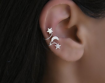 Stars Moon Ear Cuff, Ear Cuff, Ear Cuff No Piercing, Ear Cuff, Sterling Silver Ear Cuff Earring, Ear Cuff Celestial Earrings, Conch Ear Cuff