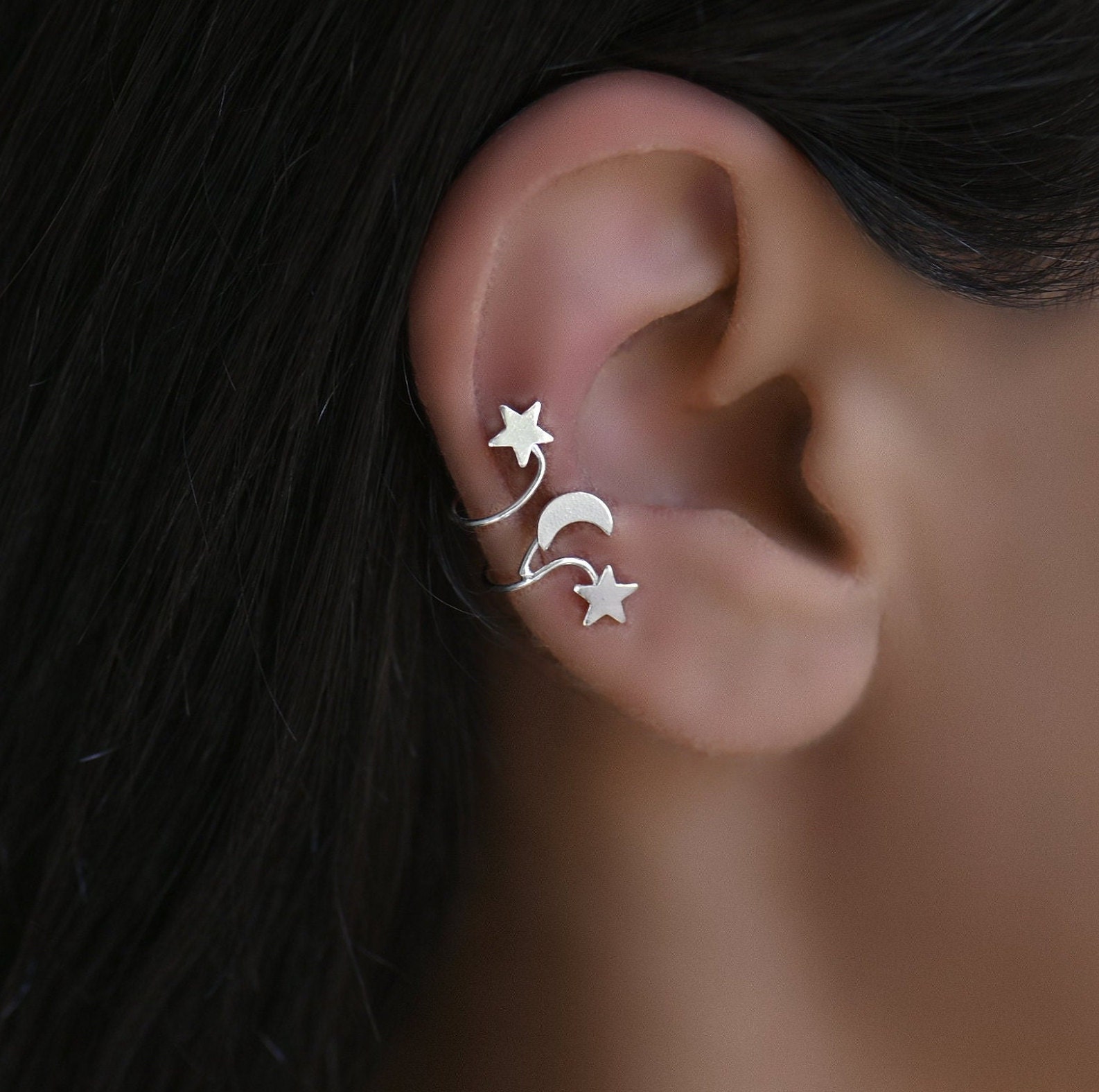 Celestial silver ear cuff, Stars and moon ear cuff