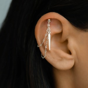 Helix Chain Silver, Earring Chain, Sterling Silver Earring Chain Dangle, Chain Ear Jacket, Earring Chain Spike Charm, Helix Jewelry
