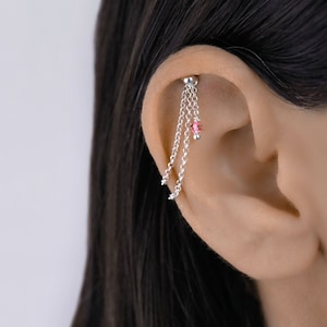 Vertical Helix Cuff Chain Piercing, Helix Earring Chain, Dangle Helix Crystal Charm, Cartilage Piercing, Hidden Helix, Hidden Helix Jewelry