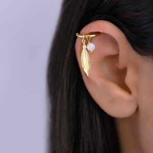 Helix Feather Hoop, Helix Earring, Helix Piercing Gold, Helix Hoop Earring Gold, Helix Moonstone, Cartilage Hoop Earring, Helix Jewelry