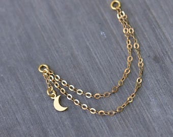 Double Gold Helix Chain, Gold Earring Chain, Moon Earring Chain, Gold Moon Piercing Chain, Earring Chain Attatchment