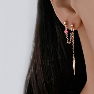 Rose Gold Chain Double Piercing Dangle, Double Piercing Earring, Double Stud Chain Earring Spike, Connected Chain Earring