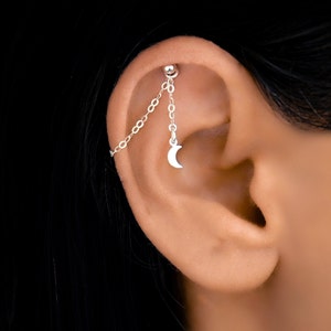 Verborgen helixketting maan, helixketting, zilveren helixketting bungelen, kraakbeenketting, kraakbeensieraden, verborgen helix-sieraden