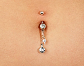 Pearl Belly Ring Shell, Belly Button Rings, Navel Ring, Belly Piercing, Belly Ring Dangle, Surgical Steel Sterling Silver Belly Ring