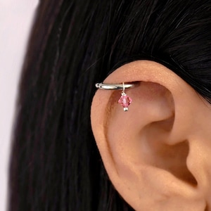 Helix Huggie Dangle Hoop, Helix Earring, Helix Piercing Surgical Steel, Helix Hoop with Crystal Charm, Cartilage Hoop Earring