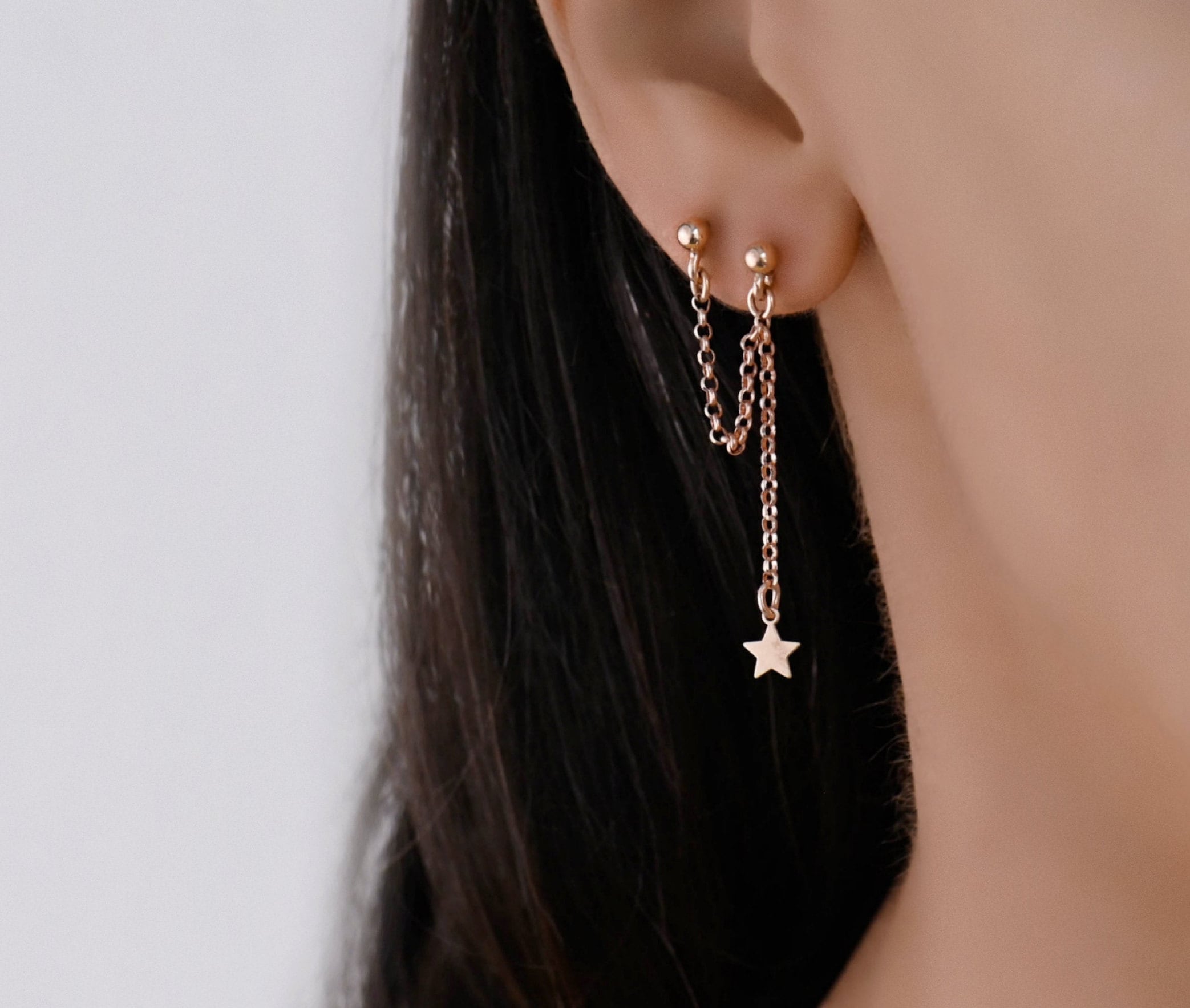 Double Piercing Star Chain Earrings Connected, Double