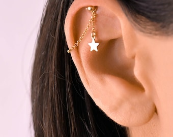 Pionowy złoty łańcuszek do piercingu z gwiazdą, złoty łańcuszek do kolczyków, łańcuszek do piercingu z helisą, zawieszka do kolczyków z zawieszką w kształcie łańcuszka, biżuteria z pionowym helisą